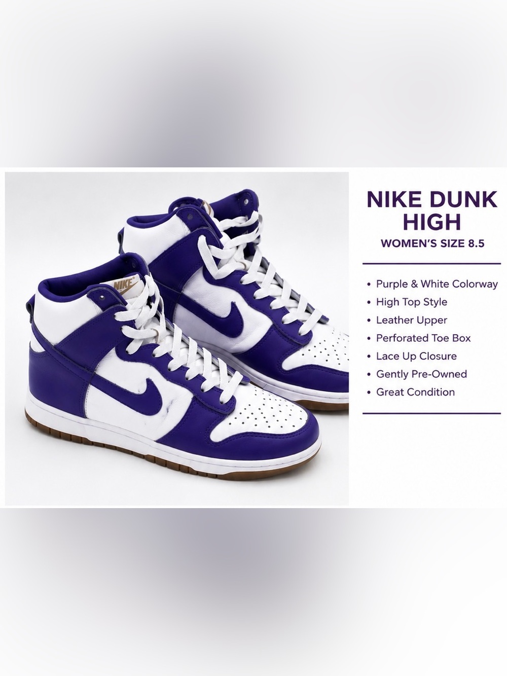 Nike Dunk High Retro Court Purple White Women’s High Top Sneakers💜🤍
